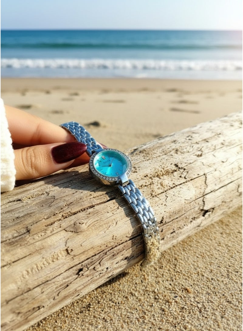 Casio Stainless Steel Turquoise Dial Crystal Bezel Quartz Watch - Image 5